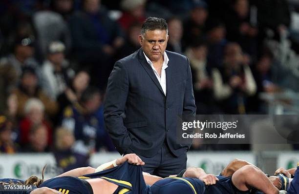 Jamie Joseph, coach of the Highlanders, prior to the round 17 Super Rugby match between the Highlanders and the Chiefs at Forsyth Barr Stadium on...