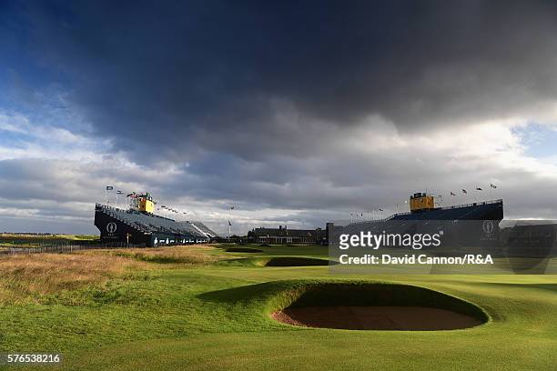 General View of the 18th hole prior tothe start of the third round on day three of the 145th Open Championship at Royal Troon on July 16, 2016 in...