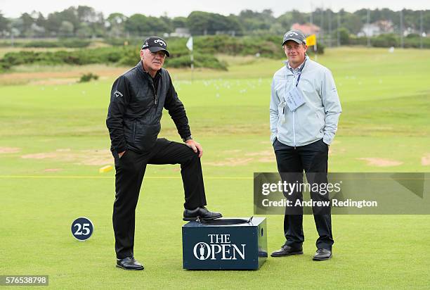 Golf coaches Mike Walker and Pete Cowen pose on the range during previews ahead of the 145th Open Championship at Royal Troon on July 13, 2016 in...