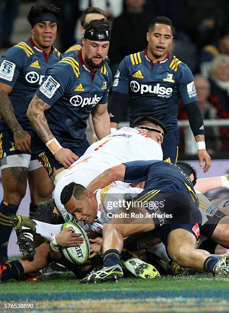 Toni Pulu of the Chiefs scores a try during the round 17 Super Rugby match between the Highlanders and the Chiefs at Forsyth Barr Stadium on July 16,...