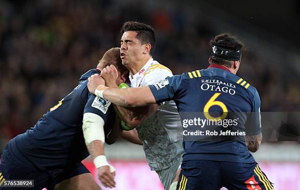 Anton Lienert-Brown of the Chiefs on the charge during the round 17 Super Rugby match between the Highlanders and the Chiefs at Forsyth Barr Stadium...