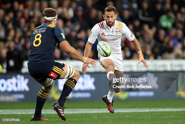 Aaron Cruden of the Chiefs on the attack during the round 17 Super Rugby match between the Highlanders and the Chiefs at Forsyth Barr Stadium on July...