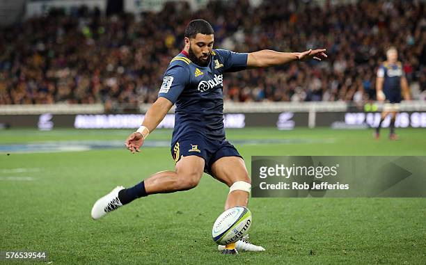 Lima Sopoaga of the Highlanders kicks a goal during the round 17 Super Rugby match between the Highlanders and the Chiefs at Forsyth Barr Stadium on...