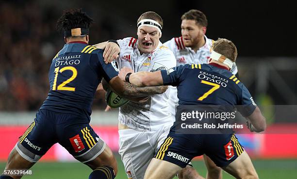 Brodie Retallick of the Chiefs on the charge during the round 17 Super Rugby match between the Highlanders and the Chiefs at Forsyth Barr Stadium on...