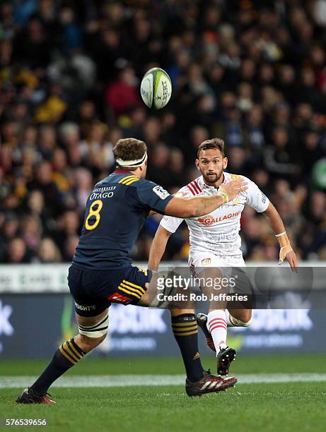 Aaron Cruden of the Chiefs puts in a chip kick during the round 17 Super Rugby match between the Highlanders and the Chiefs at Forsyth Barr Stadium...