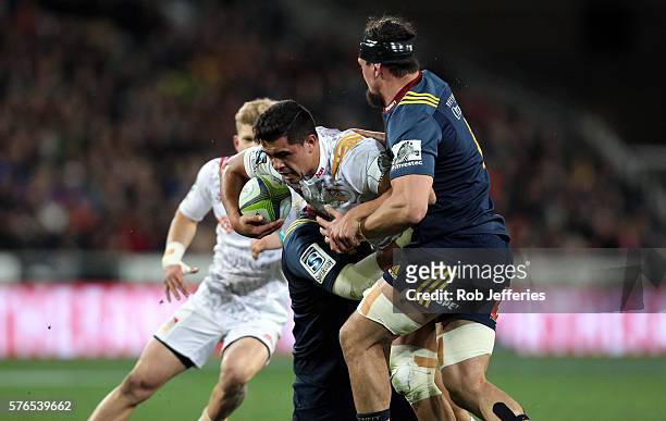 Anton Lienert-Brown of the Chiefs on the charge during the round 17 Super Rugby match between the Highlanders and the Chiefs at Forsyth Barr Stadium...