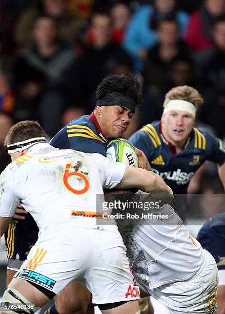 Malakai Fekitoa of the Highlanders on the charge during the round 17 Super Rugby match between the Highlanders and the Chiefs at Forsyth Barr Stadium...