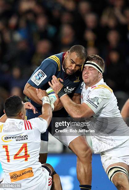 Patrick Osborne of the Highlanders on the attack during the round 17 Super Rugby match between the Highlanders and the Chiefs at Forsyth Barr Stadium...