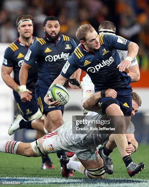 Matt Faddes of the Highlanders on the attack during the round 17 Super Rugby match between the Highlanders and the Chiefs at Forsyth Barr Stadium on...