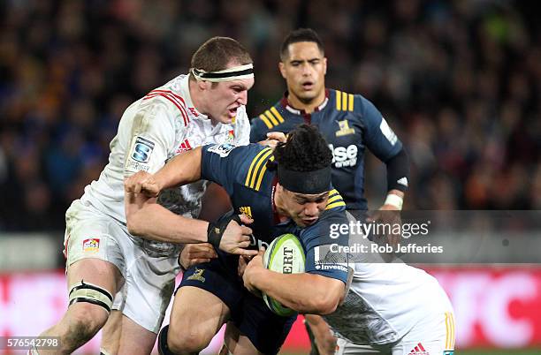 Aki Seiuli of the Highlanders on the charge during the round 17 Super Rugby match between the Highlanders and the Chiefs at Forsyth Barr Stadium on...