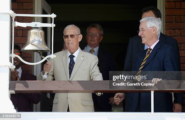 Yorkshire president John Hampshire rings the five minute bell alongside Mike Brearley ahead of day three of the 1st Investec Test between England and...