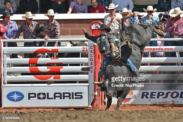 Robson Palermo from Rio Branco BRZ on King Pin during Bull Riding competition, at the Calgary Stampede 2016. Twenty of the world's top competitors in...