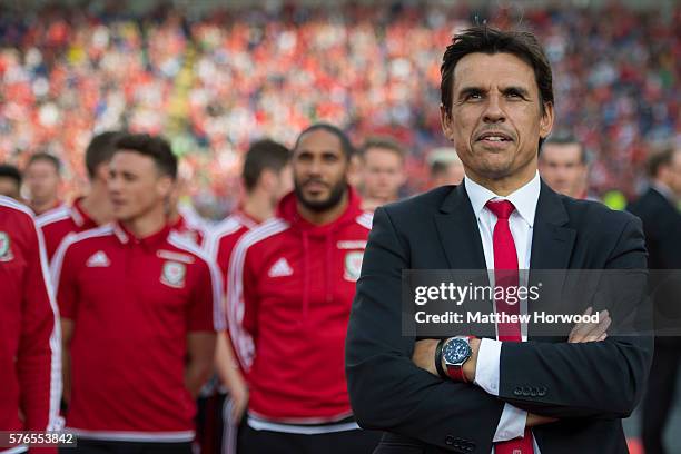 Wales football team manager Chris Coleman looks on during a ceremony at the Cardiff City Stadium on July 8, 2016 in Cardiff, Wales. The players...