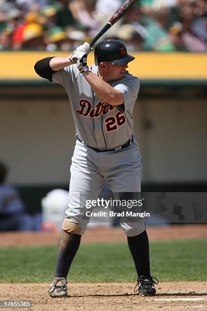 Chris Shelton of the Detroit Tigers bats during the game against the Oakland Athletics at the Network Associates Coliseum in Oakland, California on...