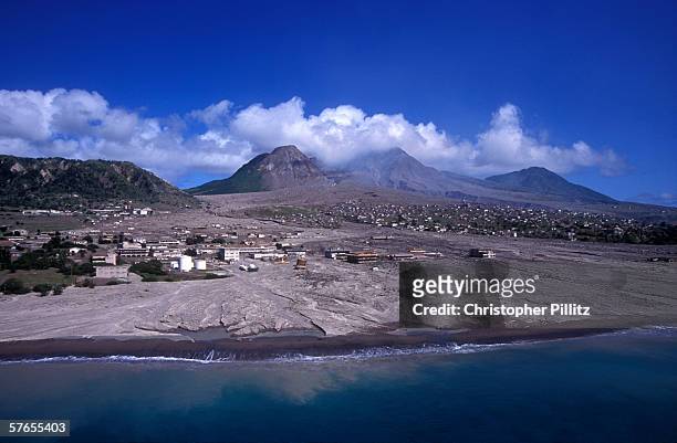 An aerial view of the slopes of the Soufriere Hills showing the destruction and complete loss of the capital of Monserrat, Plymouth and St. Patrick's...