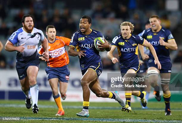 Aidan Toua of the Brumbies makes a line break during the round 17 Super Rugby match between the Brumbies and the Force at GIO Stadium on July 16,...