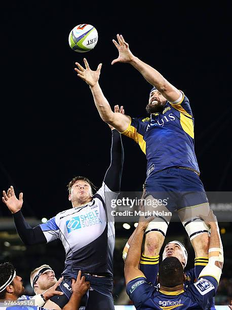 Scott Fardy of the Brumbies wins line out ball during the round 17 Super Rugby match between the Brumbies and the Force at GIO Stadium on July 16,...