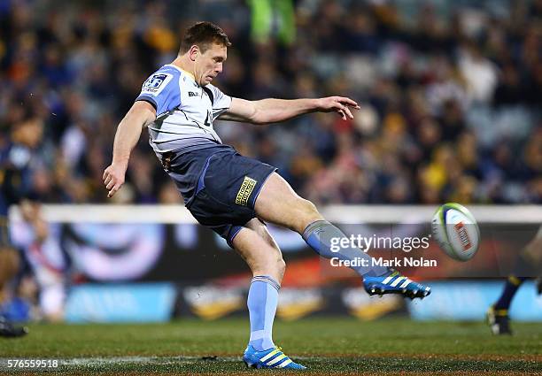 Dane Haylett-Petty of the Force kicks ahead during the round 17 Super Rugby match between the Brumbies and the Force at GIO Stadium on July 16, 2016...