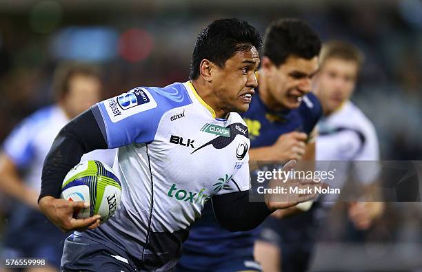 Ben Tapuai of the Force makes a line break during the round 17 Super Rugby match between the Brumbies and the Force at GIO Stadium on July 16, 2016...