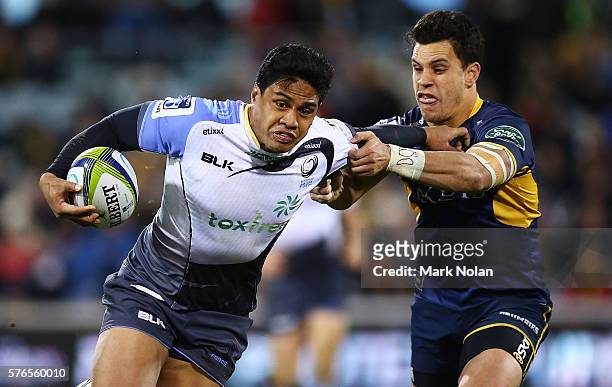 Ben Tapuai of the Force makes a line break during the round 17 Super Rugby match between the Brumbies and the Force at GIO Stadium on July 16, 2016...