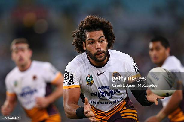 Adam Blair of the Broncos catches the ball during the round 19 NRL match between the South Sydney Rabbitohs and the Brisbane Broncos at ANZ Stadium...