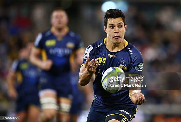 Matt Toomua of the Brumbies passes during the round 17 Super Rugby match between the Brumbies and the Force at GIO Stadium on July 16, 2016 in...