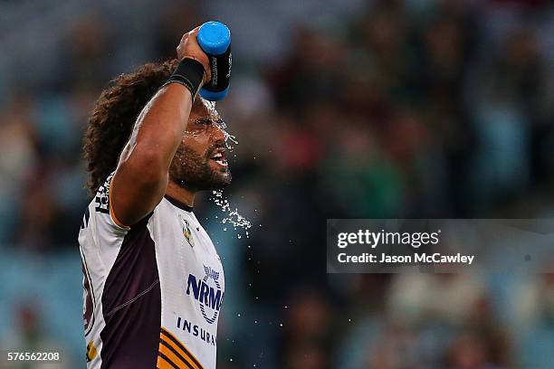 Adam Blair of the Broncos cools down during the round 19 NRL match between the South Sydney Rabbitohs and the Brisbane Broncos at ANZ Stadium on July...