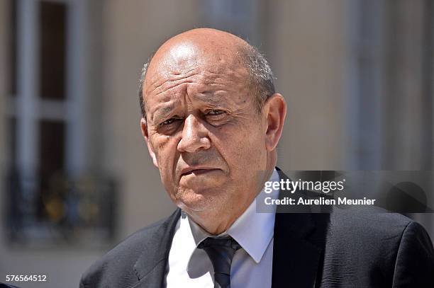 Jean-Yves Le Drian Minister of Defence addresses the press after a restricted session of the council of security and defence at Elysee Palace on July...