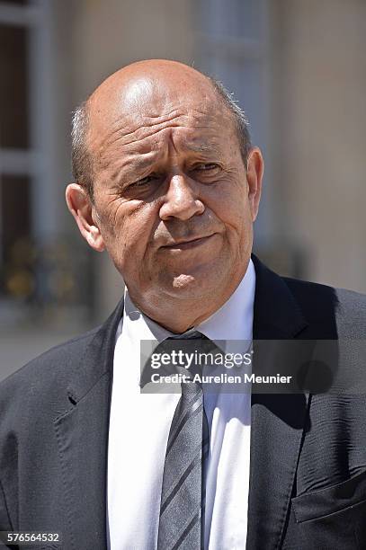 Jean-Yves Le Drian Minister of Defence addresses the press after a restricted session of the council of security and defence at Elysee Palace on July...