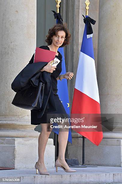 Audrey Azoulay, French Minister of Culture and Communication leaves the restricted session of the council of security and defence at Elysee Palace on...