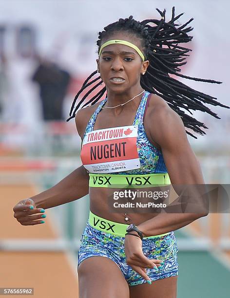 Leah Nugent from Jamaica on her way to win Women 400 M Hurdles at Track Town Classic, at the University of Albertas Foote Field, in Edmonton....