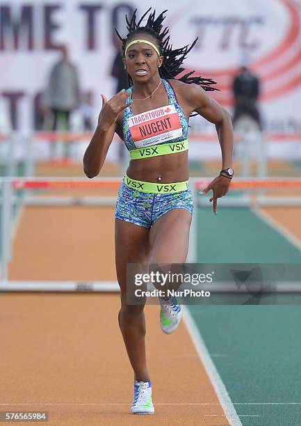 Leah Nugent from Jamaica on her way to win Women 400 M Hurdles at Track Town Classic, at the University of Albertas Foote Field, in Edmonton....