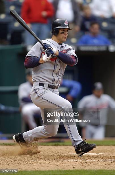 Center fielder Grady Sizemore of the Cleveland Indians bats during the game against the Kansas City Royals at Kauffman Stadium on May 10, 2006 in...