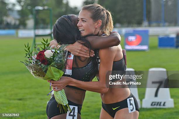 Chrishuna Williams congratulates Melissa Bishop her win in Women 800 M with the New Canadian Record of 1:57.43, at Track Town Classic, at the...