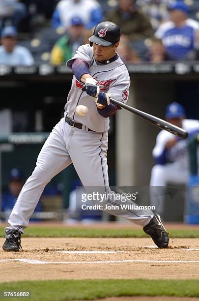Center fielder Grady Sizemore of the Cleveland Indians bats during the game against the Kansas City Royals at Kauffman Stadium on May 10, 2006 in...