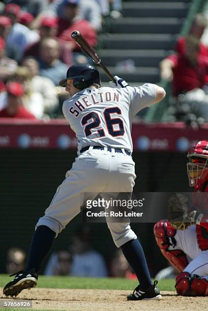 Chris Shelton of the Detroit Tigers bats during the game against the Los Angeles Angels of Anaheim at Angel Stadium in Anaheim, California on April...