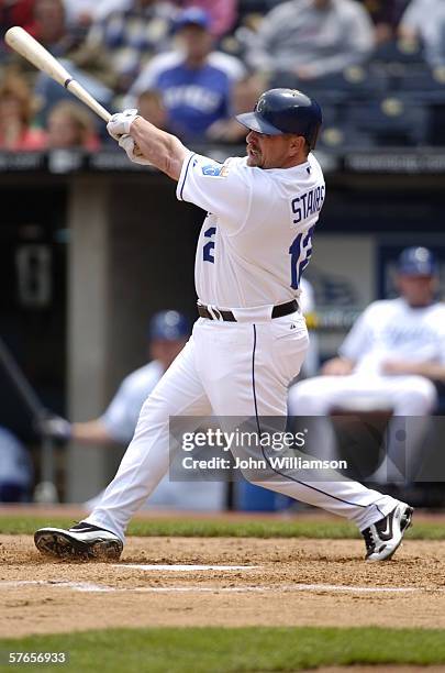 Designated hitter Matt Stairs of the Kansas City Royals bats during the game against the Cleveland Indians at Kauffman Stadium on May 10, 2006 in...