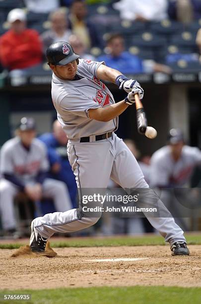 Shortstop Jhonny Peralta of the Cleveland Indians bats during the game against the Kansas City Royals at Kauffman Stadium on May 10, 2006 in Kansas...