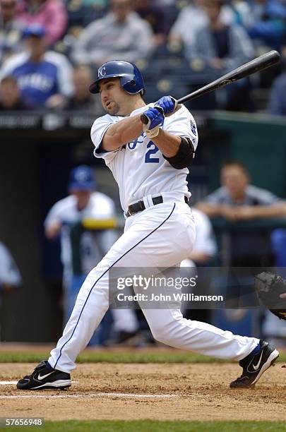 Third baseman Tony Graffanino of the Kansas City Royals bats during the game against the Cleveland Indians at Kauffman Stadium on May 10, 2006 in...
