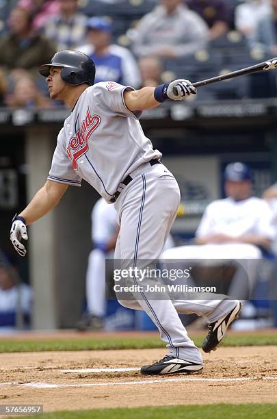 Shortstop Jhonny Peralta of the Cleveland Indians bats during the game against the Kansas City Royals at Kauffman Stadium on May 10, 2006 in Kansas...