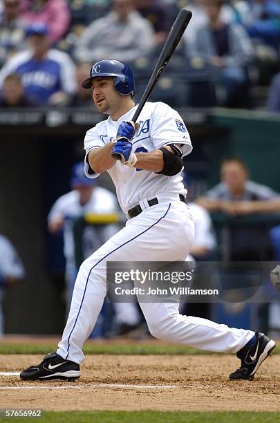 Third baseman Tony Graffanino of the Kansas City Royals bats during the game against the Cleveland Indians at Kauffman Stadium on May 10, 2006 in...