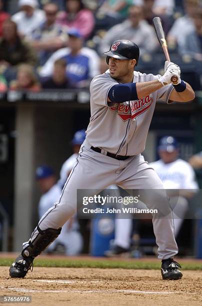 Designated hitter Travis Hafner of the Cleveland Indians bats during the game against the Kansas City Royals at Kauffman Stadium on May 10, 2006 in...