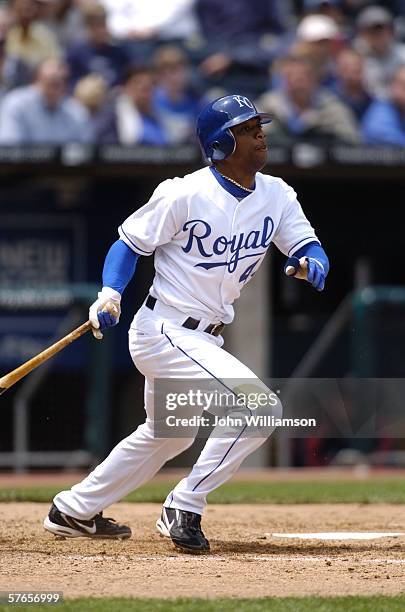 Center fielder Kerry Robinson of the Kansas City Royals bats during the game against the Cleveland Indians at Kauffman Stadium on May 10, 2006 in...