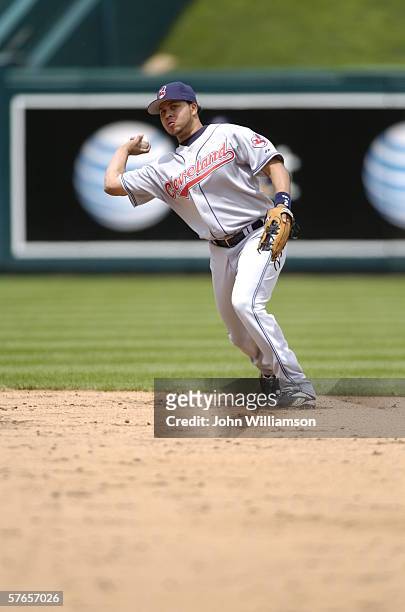 Shortstop Jhonny Peralta of the Cleveland Indians fields his position during the game against the Kansas City Royals at Kauffman Stadium on May 10,...