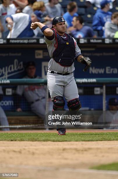Catcher Kelly Shoppach of the Cleveland Indians fields his position during the game against the Kansas City Royals at Kauffman Stadium on May 10,...
