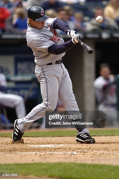 Left fielder Jason Michaels of the Cleveland Indians bats during the game against the Kansas City Royals at Kauffman Stadium on May 10, 2006 in...