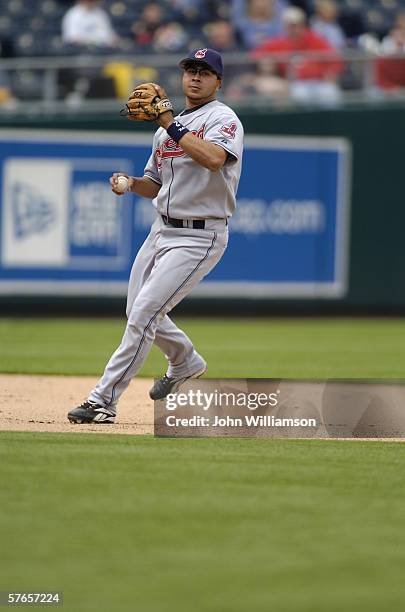 Shortstop Jhonny Peralta of the Cleveland Indians fields his position during the game against the Kansas City Royals at Kauffman Stadium on May 10,...