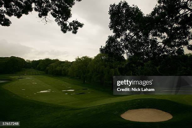 Rain gathers on the ninth fairway as rain delays play during the second round of the Sybase Classic on May 19, 2006 at the Wykagyl Country Club in...
