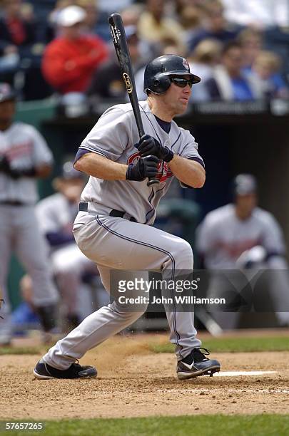 First baseman Ben Broussard of the Cleveland Indians bats during the game against the Kansas City Royals at Kauffman Stadium on May 10, 2006 in...