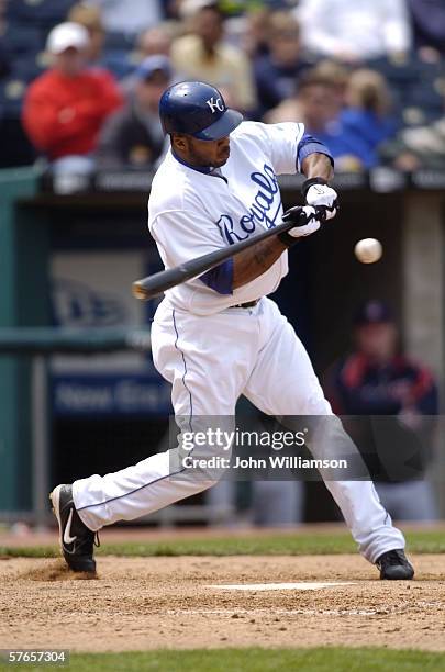 Left fielder Emil Brown of the Kansas City Royals bats during the game against the Cleveland Indians at Kauffman Stadium on May 10, 2006 in Kansas...